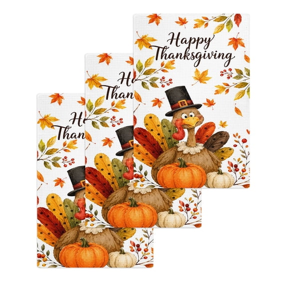 Turkey Pumpkins Fall Kitchen Dish Towels for Drying Dishes Set of 3, Thanksgiving Botanical Leaves Waffle Weave Microfiber Hand Tea Bathroom Towels Quick Dry & Absorbent Towel 15.7x23.6