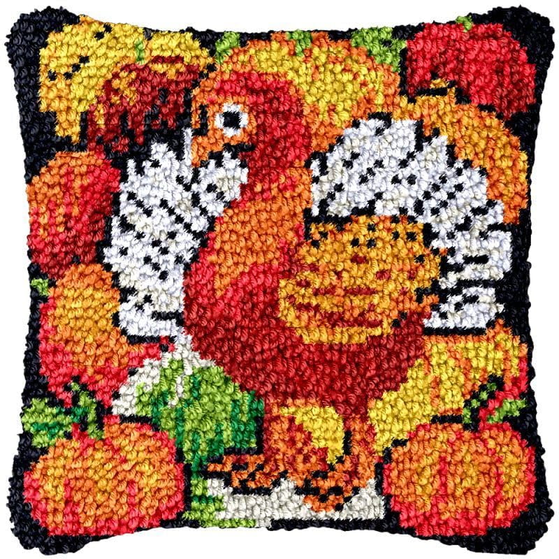 Turkey Pumpkins Latch Hook Pillow Cover Kits for DIY Handmade Throw Pillow Cross Stitch Latch Hook Pillowcase Rug Cushion Kits with Preprinted Canvas Crochet Yarn Kits Needlework 17'' X 17''