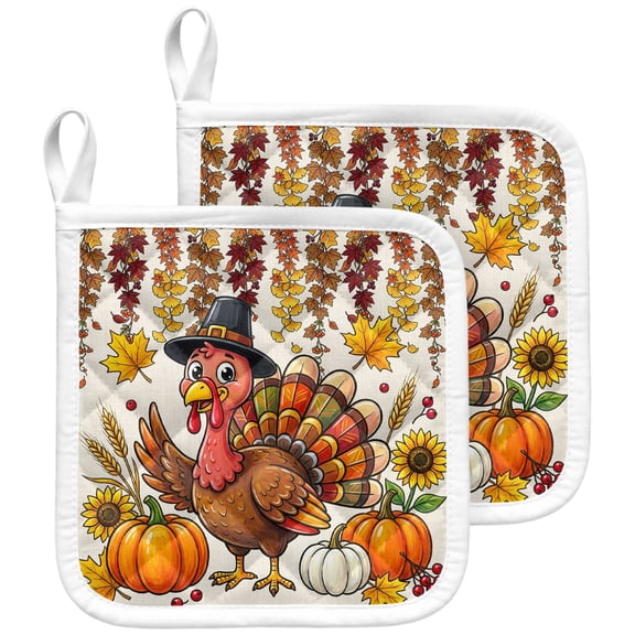 Turkey Pumpkins Thanksgiving Pot Holders for Kitchen Heatproof Potholder, 2 Pack Fall Leaves Floral Rustic Hot Pads Multipurpose Oven Pads Terry Cloth Potholders Trivet for Cooking and Baking