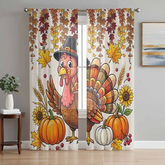 Turkey Pumpkins Thanksgiving Sheer Curtains 96 Inch Length 2 Panels Set, Fall Leaves Floral Rustic Voile Window Treatment Semi Sheer Long Curtains Drapes for Bedroom/Living Room/Kitchen 52"x96"x2