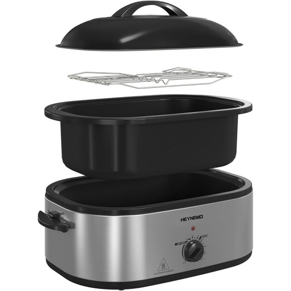 Turkey Roaster 20 Quart, Electric Roaster Oven with Self-Basting Lid, Removable Pan and Rack, Full-Range Temperature, Powerful 1450W Stainless Steel Roaster Oven, Silver