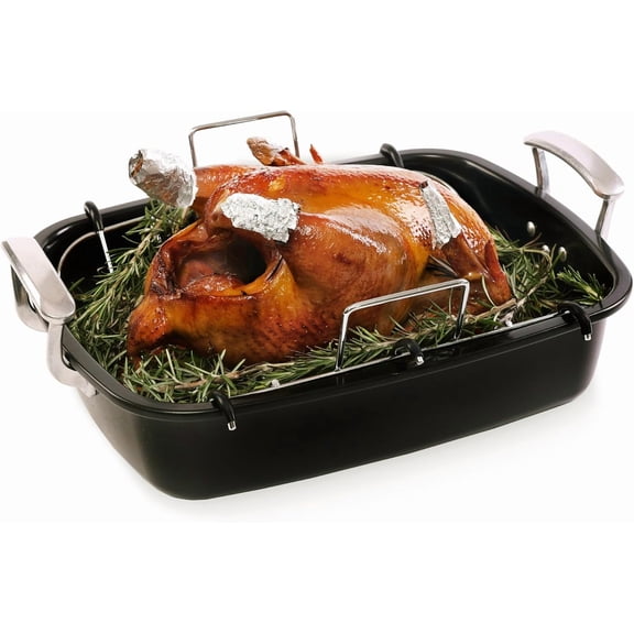 Turkey Roasting Pan with Rack (U-Shaped), Extra Large 18.5 x 14.6 Inch Nonstick Roaster Pan for 25 lb Turkey or Chicken, Deep Oven Tray with Wide Handles, Heavy Duty Steel, Nontoxic