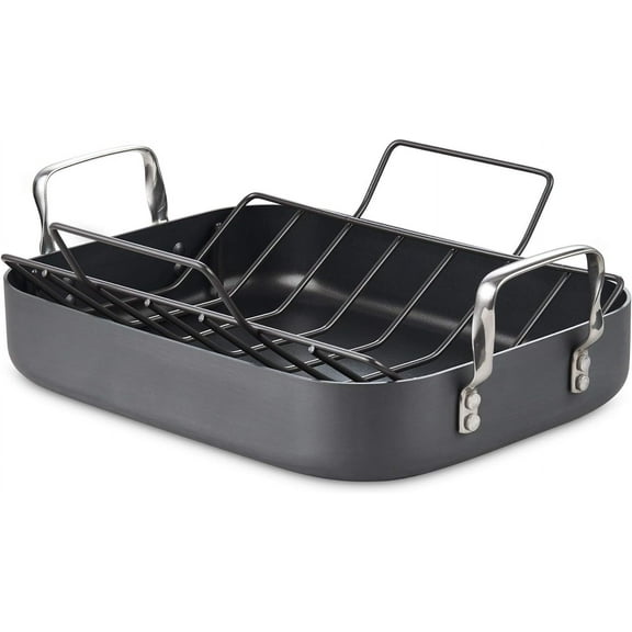 Turkey Roasting Pan with Rack, Hard Anodized Nonstick 16-Inch x 12-Inch Chicken Ham Roaster Pan Multi-Use Grill Pan with Handles, Black