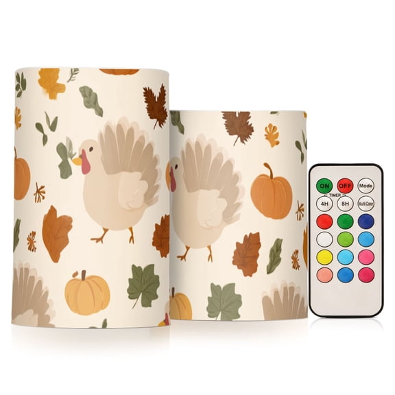 Turkey Run Pumpkin Leaves Thanksgiving Cartoon Flickering Flameless Candles LED Tealight Battery Operated with Remote Set of 2 Holiday Decor Ornaments