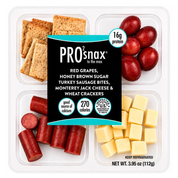 PRO2snax To The Max Red Grapes, Honey Brown Sugar Turkey Sausage Bites, Monterey Jack Cheese & Wheat Crackers, 3.95 oz.