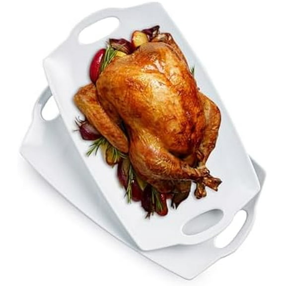 Turkey Serving Platter for Entertainment, Thanksgiving, Turkey, Serving Tray with Handles Large, Party, Display, 16 inch Rectangle Porcelain Platters Set of 2, White$$Home Decor, Kitchen, & Other