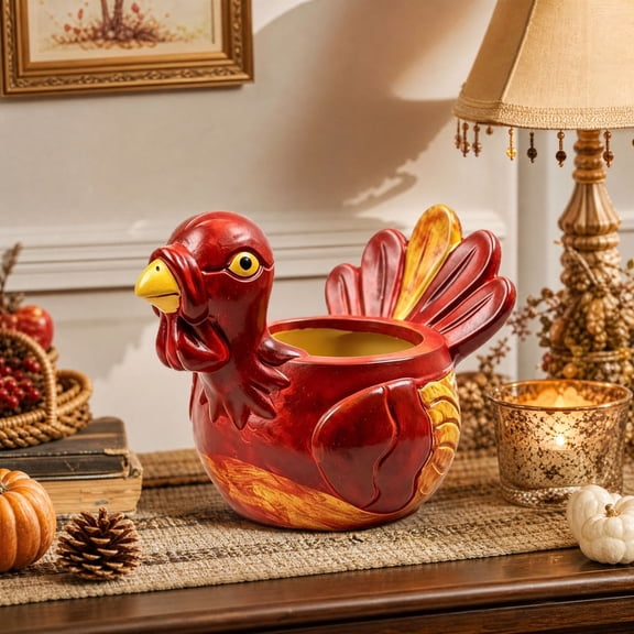 Turkey Shaped Ceramic Storage Sculpted Piece with Cute Harvest Design,Red and Orange,for Thanksgiving Kitchen Table Decor Centerpiece,Decoration