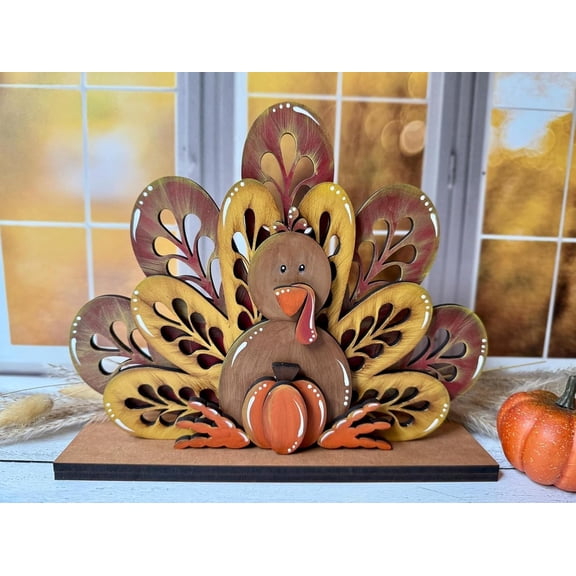 Turkey Shelf Sitter with Pumpkin Hand Painted Fall Decor, Petal Feather Cutouts, Thanksgiving Mantel Decoration