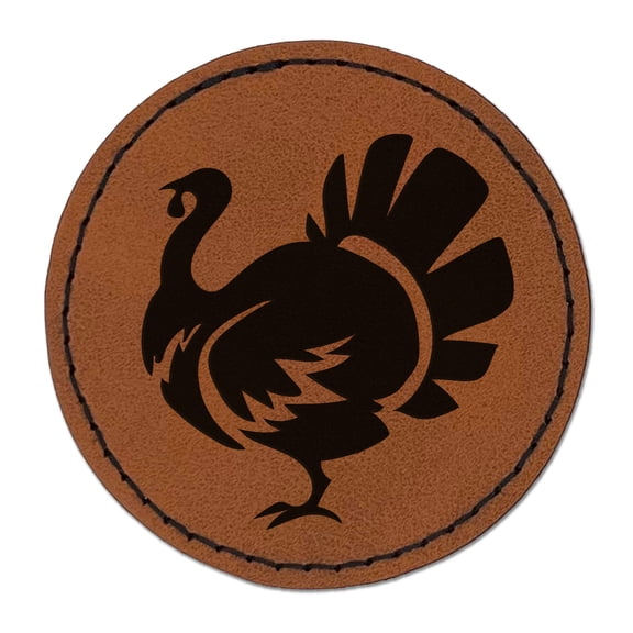 Turkey Silhouette Thanksgiving 2.5" Faux Leather Round Engraved Iron-On Patch - Brown
