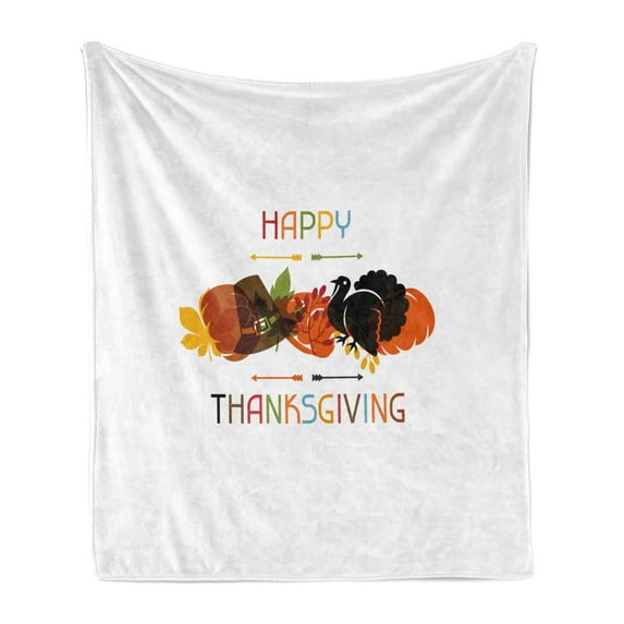 Turkey Soft Flannel Fleece Blanket, Bird Pumpkin Traveller`s Hat Silhouette with Celebratory Thanksgiving Illustration, Cozy Plush for Indoor and Outdoor Use, 50" x 70", Multicolor, by Ambesonne