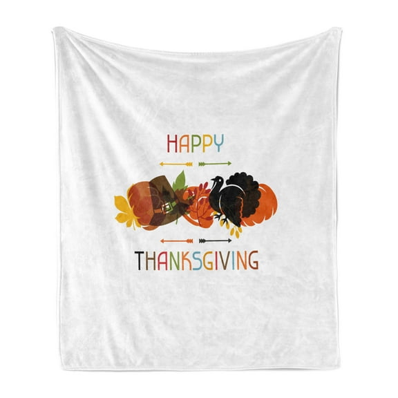 Turkey Soft Flannel Fleece Blanket, Bird Pumpkin Traveller`s Hat Silhouette with Celebratory Thanksgiving Illustration, Cozy Plush for Indoor and Outdoor Use, 70" x 90", Multicolor, by Ambesonne