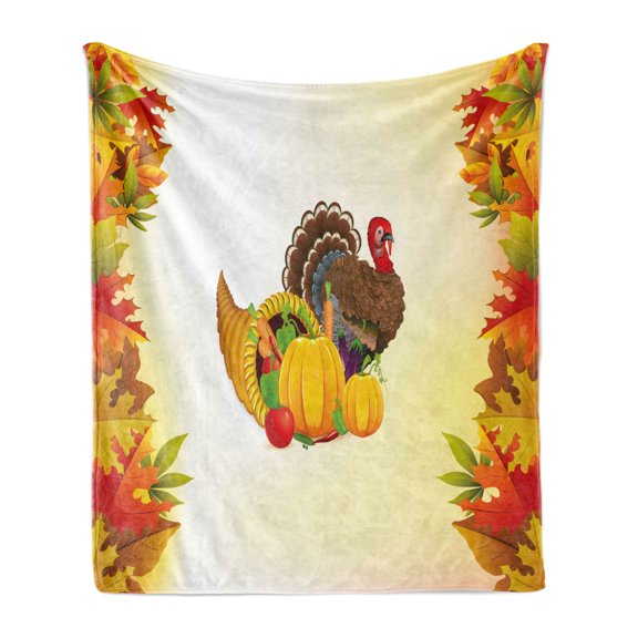 Turkey Soft Flannel Fleece Blanket, Cornucopia and Animal with a Beak Poultry Pattern Fall Season Fruits Autumn Leaves, Cozy Plush for Indoor and Outdoor Use, 60" x 80", Multicolor, by Ambesonne