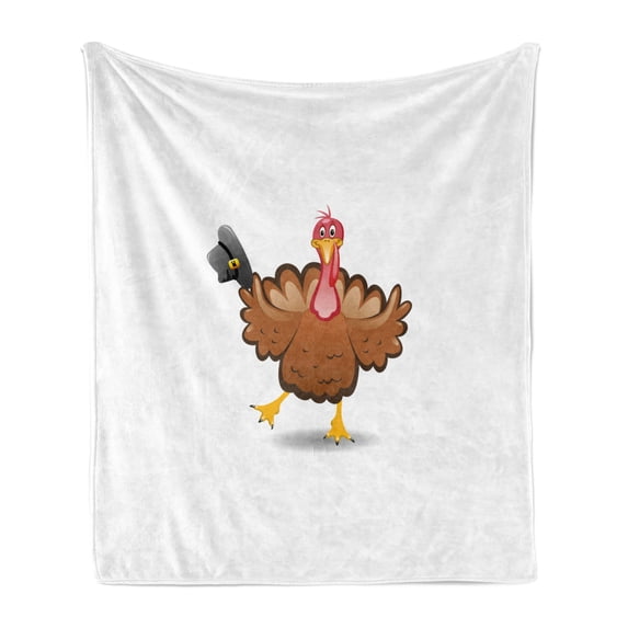 Turkey Soft Flannel Fleece Blanket, Dancing Cartoon Animal with Pilgrims Hat Thanksgiving Dinner with a Funny Character, Cozy Plush for Indoor and Outdoor Use, 60" x 80", Multicolor, by Ambesonne