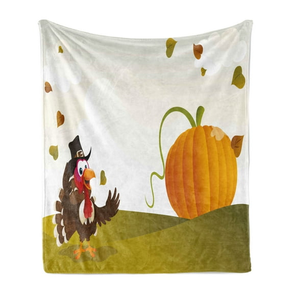 Turkey Soft Flannel Fleece Throw Blanket, Happy Pilgrim Poultry Animal with a Giant Pumpkin on Green Hills of the Farmland, Cozy Plush for Indoor and Outdoor Use, 70" x 90", Multicolor, by Ambesonne