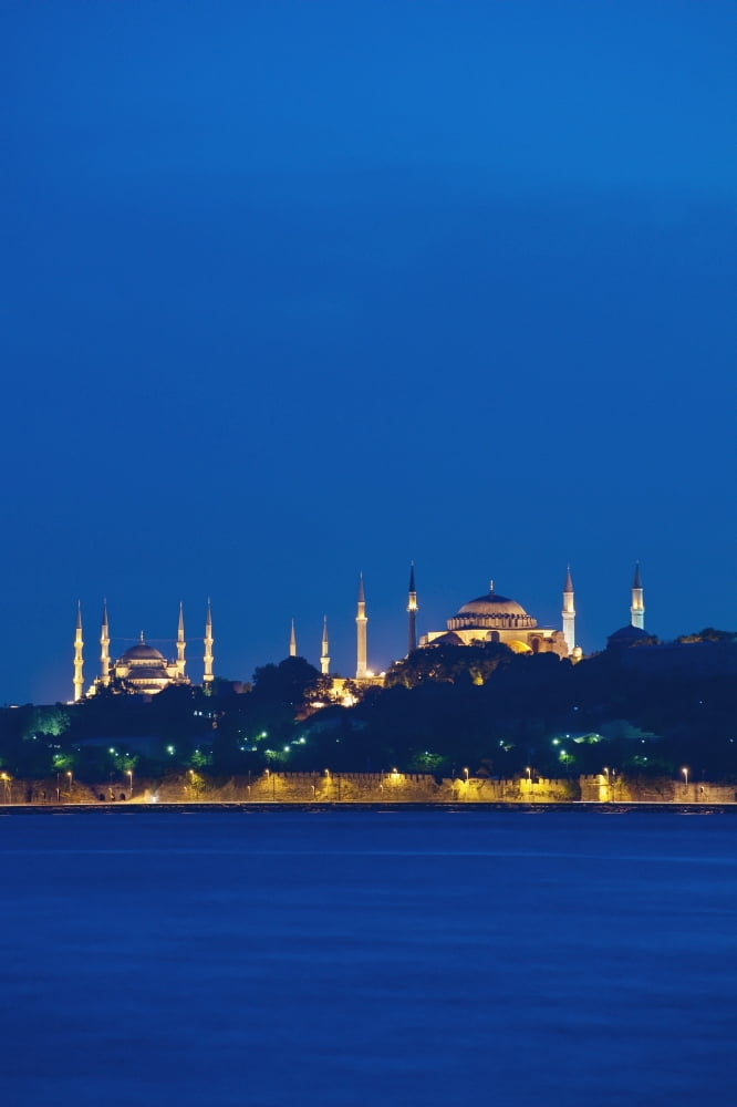 Turkey Sultanahmet or Blue mosque and Hagia Sofia at dusk Istanbul Canvas Art - Ian Cumming Design Pics (24 x 38)