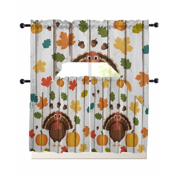 Turkey Swag Kitchen Curtains Sets for Windows 24 Inch Length, Fall Maple Leaves Thanksgiving Pumpkin Wood Grain Short Window Curtain Panels Swags Valances and Tiers 3 Piece Set for Cafe/Dining Room