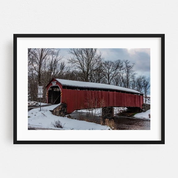 Turkey Tail Covered Bridge (Enslow Covered Bridge) - Blain Pennsylvania Photography Bridge Winter Snow Rustic Architecture Landscape Rural Black Framed Wall Art Print 5 x 7 inches
