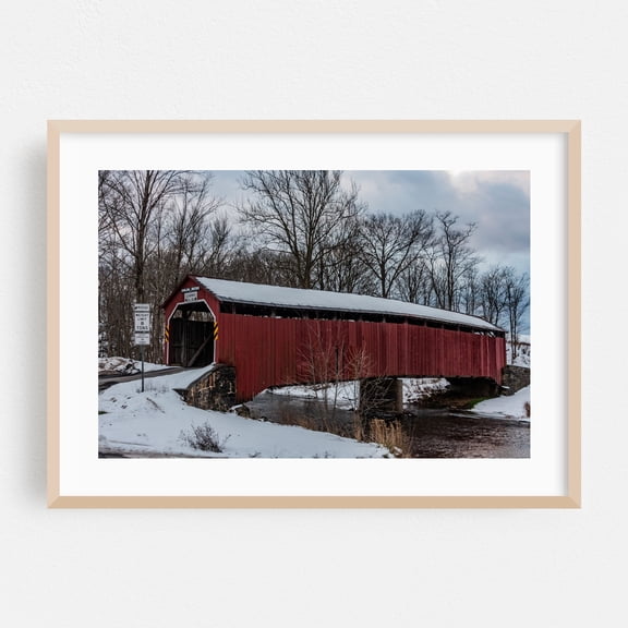 Turkey Tail Covered Bridge (Enslow Covered Bridge) - Blain Pennsylvania Photography Bridge Winter Snow Rustic Architecture Landscape Rural Oak Framed Wall Art Print 5 x 7 inches