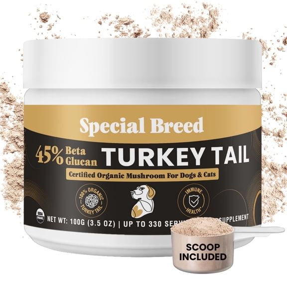 Organic Turkey Tail Mushroom for Dogs and Cats, 45% Beta Glucan Standardized, Hot Water Extracted Whole Fruiting Body, Third Party Tested, Immune and Gut Support, No Fillers, Made in USA, 330 ct