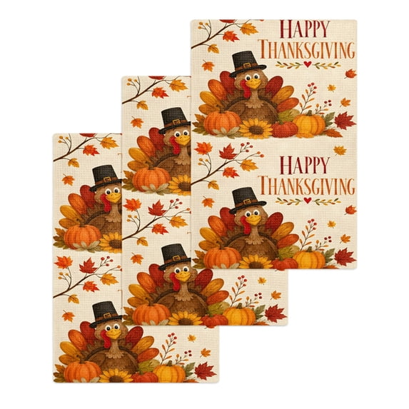 Turkey Thanksgiving Kitchen Dish Towels for Drying Dishes Set of 3, Fall Rustic Pumpkins Branches Leaves Waffle Weave Microfiber Hand Tea Bathroom Towels Quick Dry & Absorbent Towel 15.7x23.6