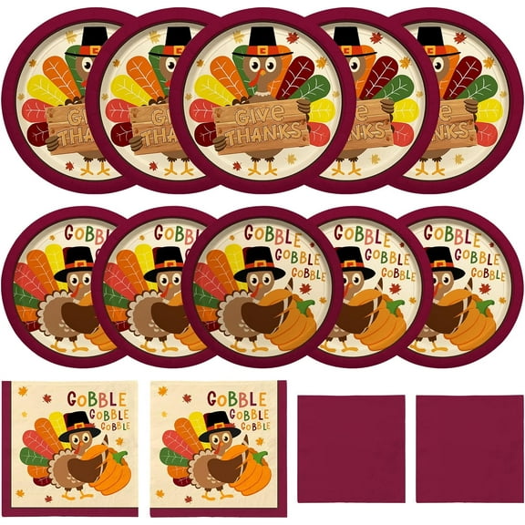 Turkey Thanksgiving Party Supplies Kit, Autumn Disposable Dinnerware Includes, Paper Dinner Plates, Dessert Plates, Luncheon Napkins and Beverage Napkins, for Fall party Decorations, Serve 50