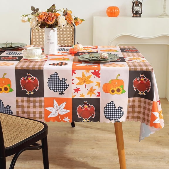 Turkey Thanksgiving Rectangle Tablecloth, Fall Leaves and Pumpkins Table Cloth , Waterproof and Washable Table Cover for Harvest Holiday Dinner Party Decoration Indoor and Outdoor Use, 60x102"