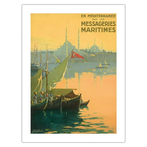 Turkey The Mediterranean-Bosphorus (Istanbul Strait)-Messageries Maritimes (MM)-Vintage Ocean Liner Travel Poster by Gilbert Galland c.1925-Bamboo Fine Art 290gsm Paper Print (Unframed) 18x24in