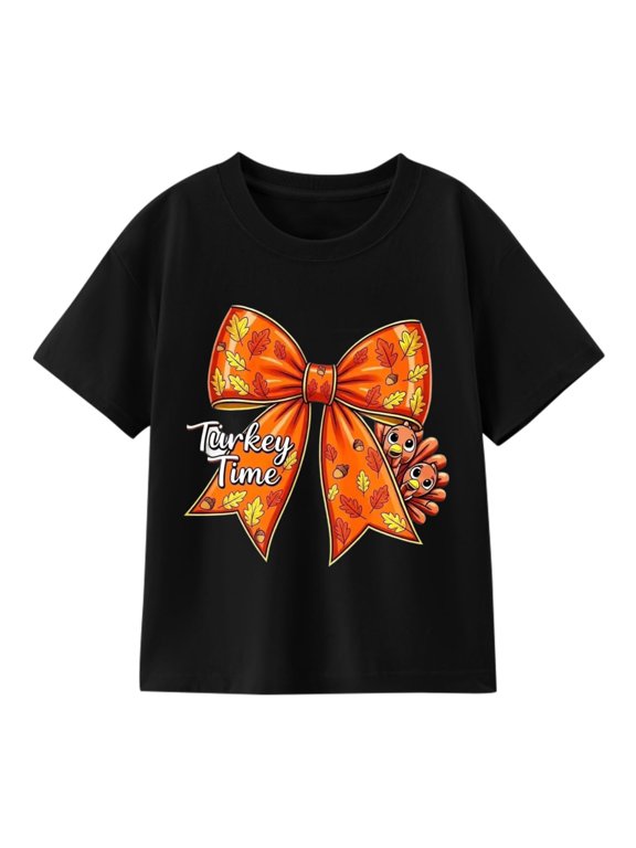 Turkey Time Bow Thanksgiving T-Shirt for Girls, 100% Cotton