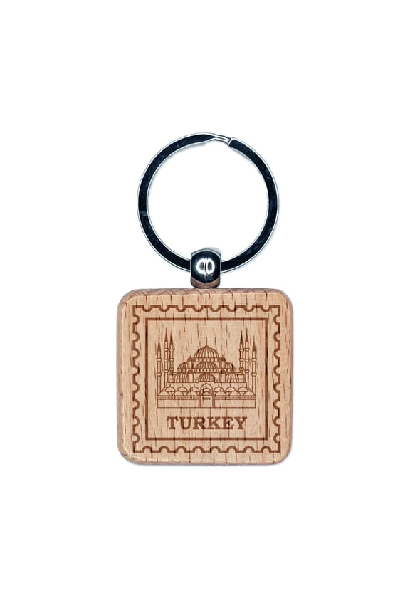 Turkey Travel Istanbul Blue Mosque Square Keychain Charm Tag - Engraved Wood