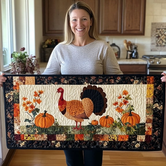 Turkey Trot Quilted Table Runner for Dining Room, Decorative Seasonal Kitchen Table Decor
