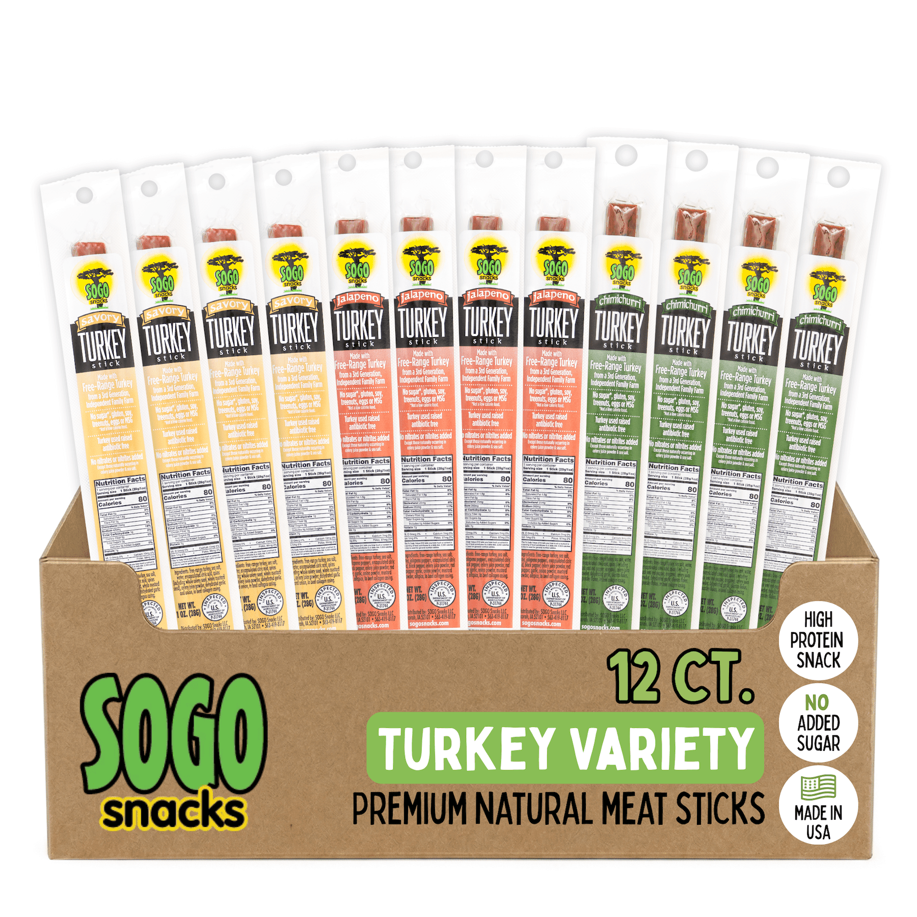 Sogo Snacks Turkey Jerky Sticks Variety Pack Ketogenic, No Sugar, 12 Count, 1-oz