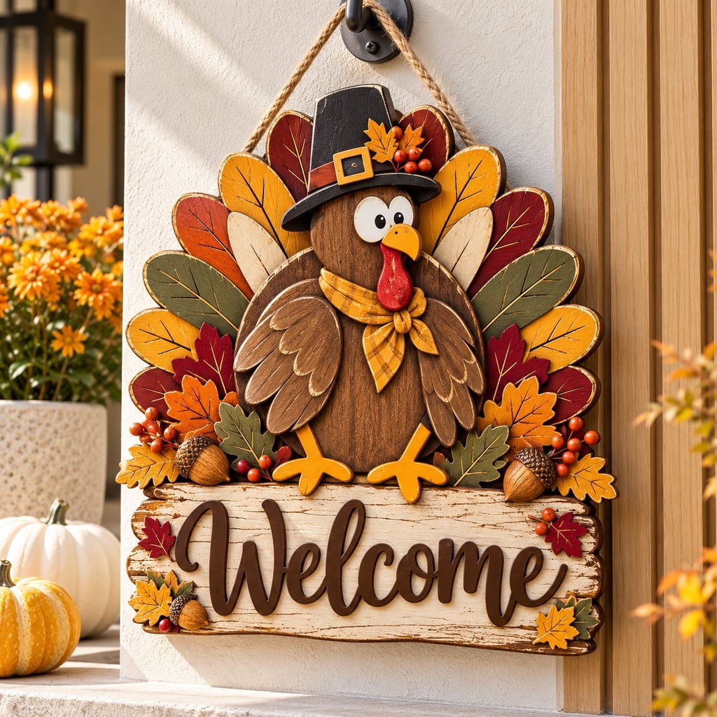 Turkey Welcome Door Sign, Wooden Front Door Hanger for Thanksgiving ...