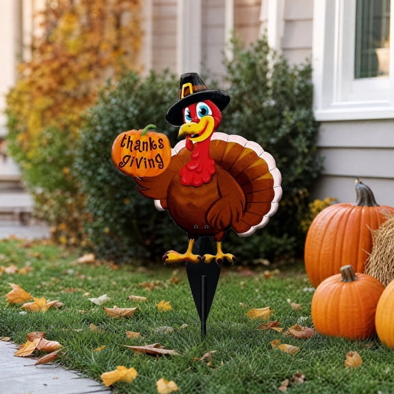 Turkey Yard Stakes Fall Garden Decor Thanksgiving Outdoor Ornament Rustproof Weather Build and Cute Pumpkin Holding for Flower Beds Garden Pathways and Entryway Displays