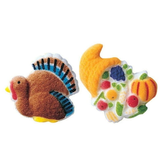 Turkey and Cornucopia Assortment Edible Sugar Decorations - 12 Count