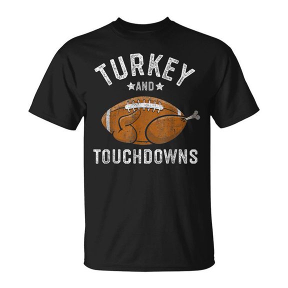 Turkey and Touchdowns Thanksgiving Football Graphic Cotton Tee Unisex Adult Casual Holiday Sports T-Shirt, Size S, Color Black