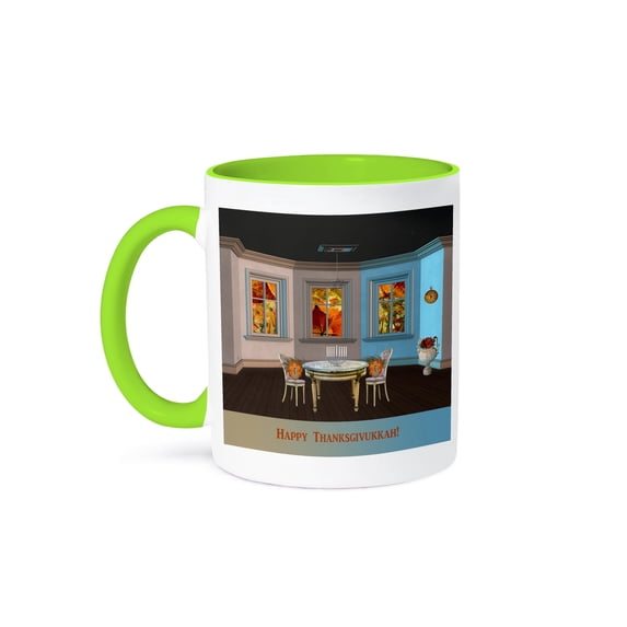 3dRose, Turkeys at Thanksgivukkah, Star of David, and Menorah, 15oz Two-Tone Green Mug