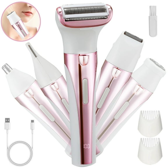 TURKIO 5-in-1 Rechargeable Cordless Electric Razor for Women, Trimmer for Women with Face, Nose, Eyebrow, Arms, Armpit, Legs, Pink
