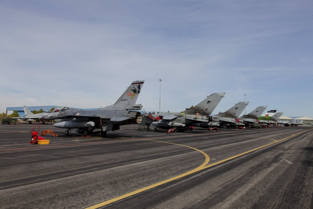 Turkish Air Force F-16 jets on the flight line at Albaacete Air Base Spain Canvas Art - Timm ZiegenthalerStocktrek Images (17 x 12)