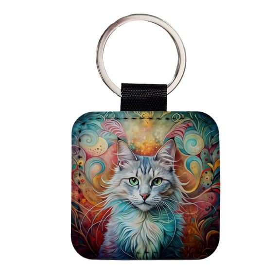 Turkish Angora Cat Abstract Art Faux Leather Square Keychain