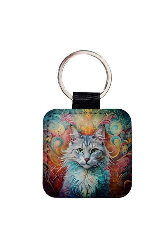 Turkish Angora Cat Abstract Art Faux Leather Square Keychain