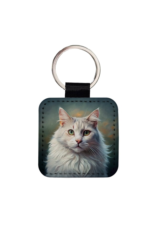Turkish Angora Cat Illustration Faux Leather Square Keychain