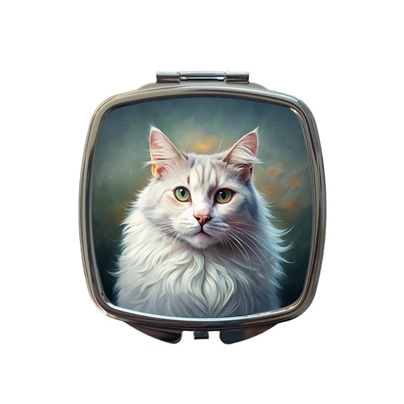 Turkish Angora Cat Illustration Travel Makeup Handbag Purse Small Pocket Compact Mirror