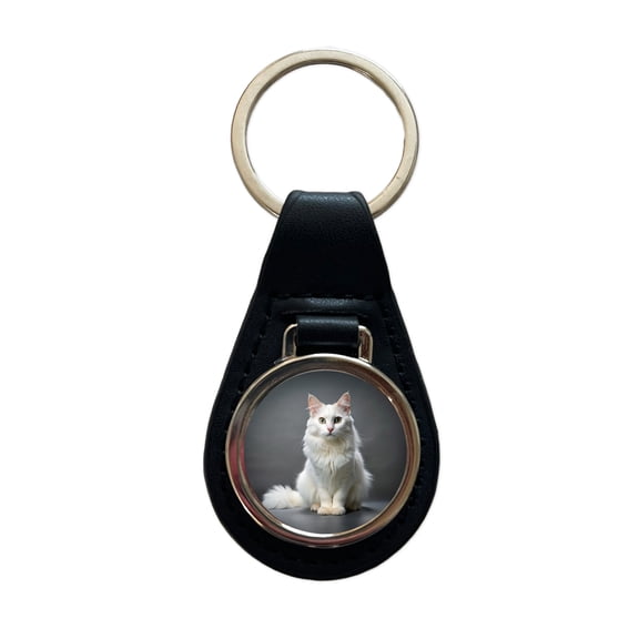 Turkish Angora Cat Photo Metal Black Leather Keychain