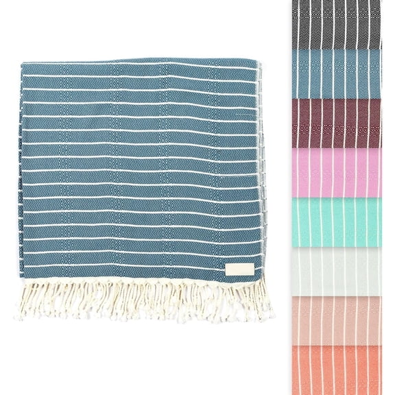 Turkish Beach Towel - Sand Proof - 100% Certified Organic Turkish Towel - Quick Dry Towel for Beach, Picnic, Blanket or Bath Towel - As Seen on Shark Tank - Gocek (Denim)