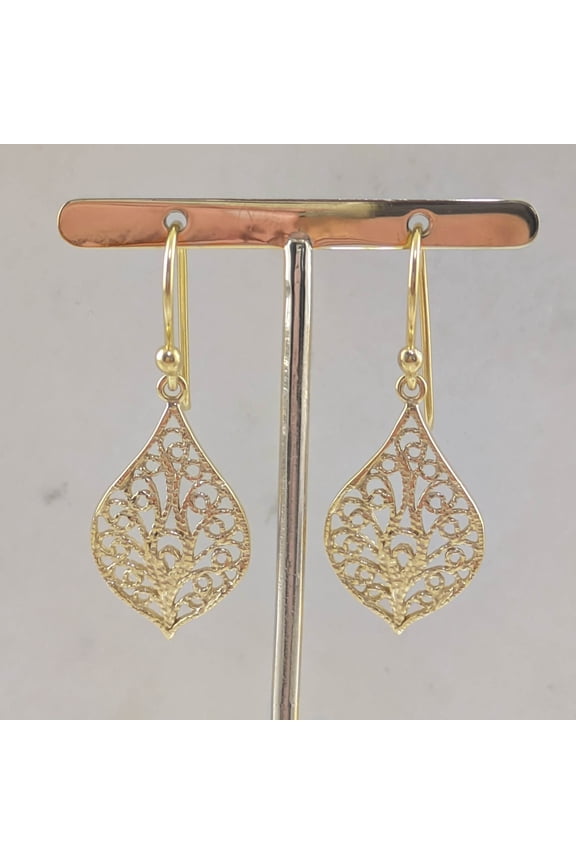 Delicate Filigree Leaf Drop Earrings in 18K Gold Over Bronze