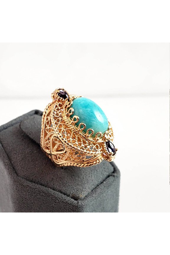 Filigree Amazonite and Amethyst Gemstone Ring in 18K Gold Over Sterling Silver