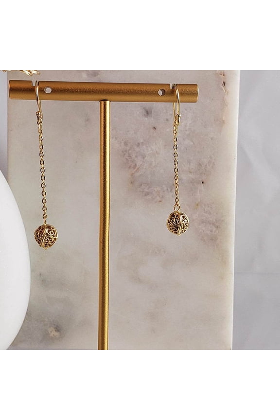 Filigree Drop Ball Threader Earrings in 18K Gold Over Bronze