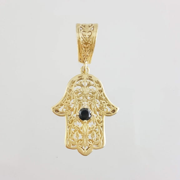 Turkish Bling Filigree Hamsa Pendant With Ruby or Black Crystal in 18K Gold Over Bronze