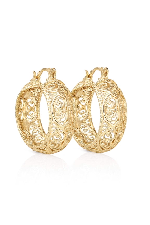 Turkish Bling Intricate Filigree Hoop Earrings in 18k Gold over Bronze