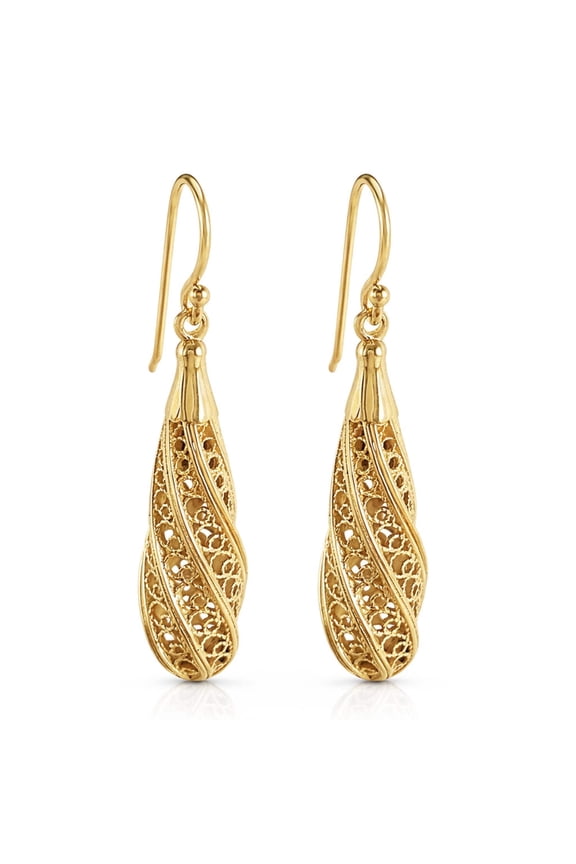 Turkish Bling Filigree Swirl Drop Earrings Multi-Layer Gold Finish